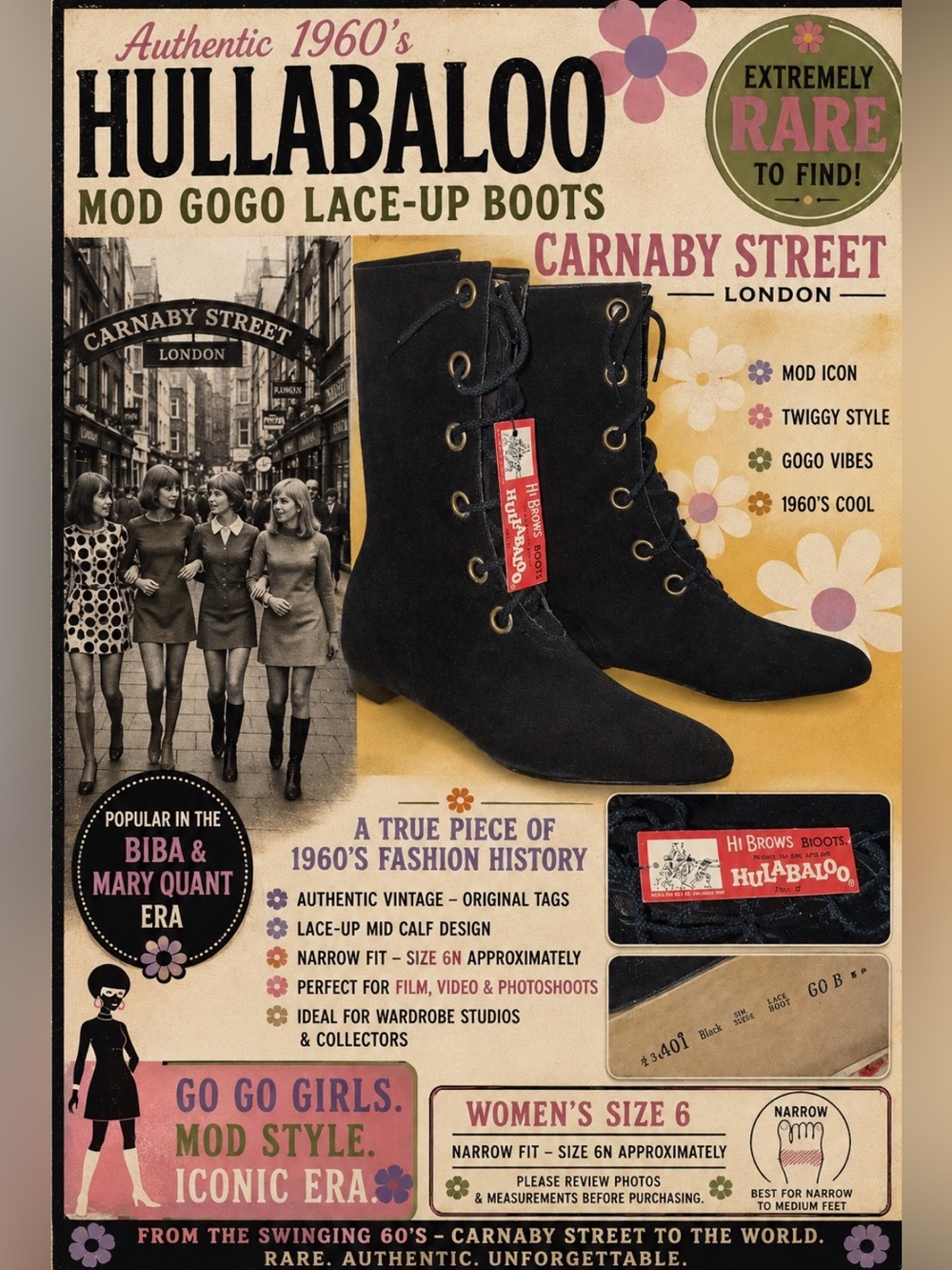 *1960s Hullabaloo - Mod style- GoGo- Hi Brow Boots -Mid Calf /Tie Front Size 6